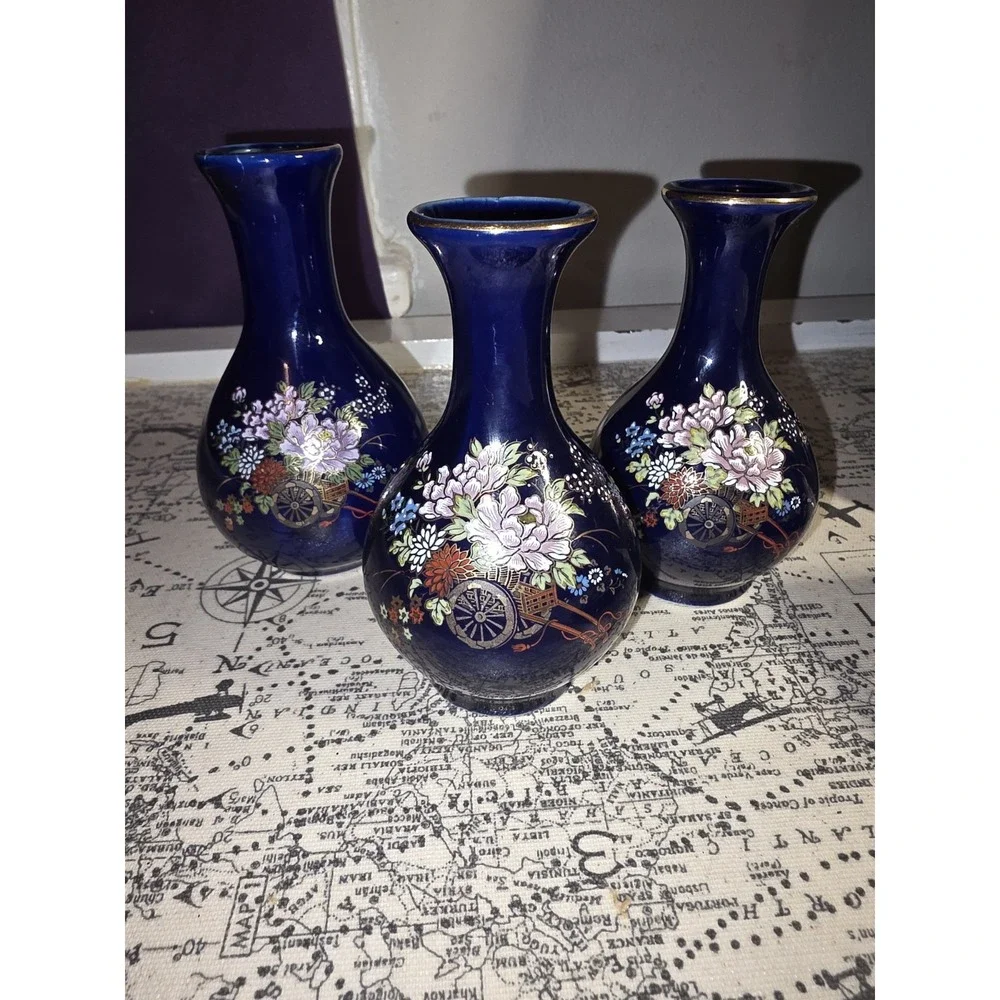 🌺 VTG Porcelain Kutani Bud Vases – Set of 3 | Cobalt Blue Asian Floral Japan 🌸